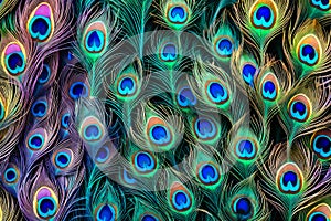 Texture of a peacock feather from the tail of an exotic bird. The background is a close-up of a multicolored iridescent