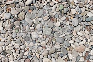 The texture of the pebbly beach. Background of small pebbles on the beach