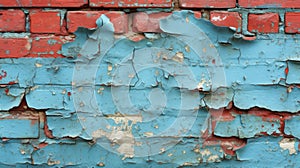Texture of peeling blue paint on a brick wall exposing patches of faded red brick and creating a striking contrast photo