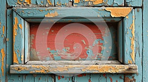 Texture of peeling paint on a vintage cabinet exposing the layers of history and giving a glimpse into its past life photo