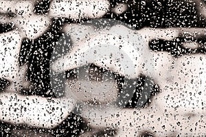 Texture Raindrops on window glass for rain, black and white colors, photo, unusual background