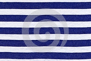 Texture of real knitwear in blue and white stripes, textile background.