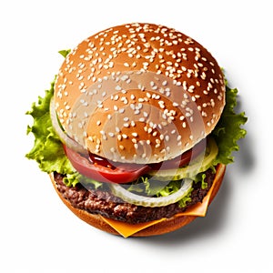 Texture-rich Hamburger With Lettuce, Tomato, And Onion - Uhd Image