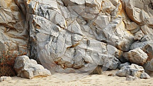 Texture of rough and jagged boulders jutting out from the sandy ground creating a stark contrast in textures photo