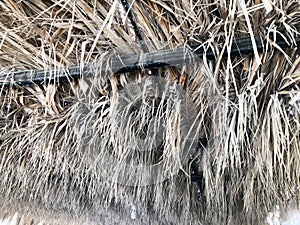 Texture from the sagging dry gray natural beautiful withered diverse rustic old dehydrated texture roof made of grass, straw, hay,