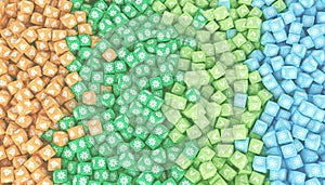 The texture of scattered cubes of different colors with icons representing different seasons. 3d illustration