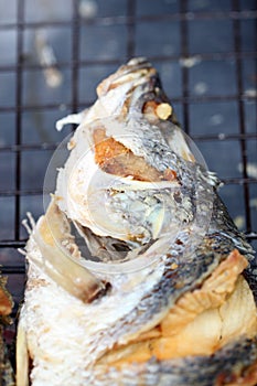 Texture of seabass or lates fish deep fried. photo