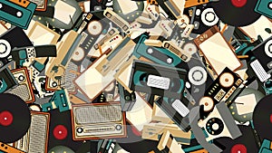 Texture, seamless pattern of old retro hipster electronics, mobile phones, tv recorder, player, audio tape, video recorder, game