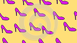Texture seamless pattern purple stylish high heel shoes on a yellow background for for unusual theatrical images, for halloween,