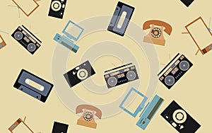 Texture, seamless pattern from retro electronics set of old vintage hipster technology: camera, computer, audio cassette