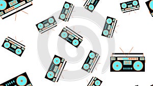 Texture seamless pattern retro music antique hip speakers audio tape recorder audiocassettes 60s 70s 80s 90s. Vector illustration