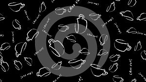 Texture seamless pattern of white cups of mugs with a pen of black coffee drawn in watercolor chalk paints and a coffee time