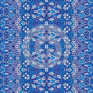 Texture seamless vector pattern arabesque from blue and white oriental tiles, ornaments doodle