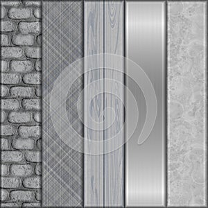 Texture set. Collection with stone wall, textile print, wooden background, metal backdrop and marble pattern