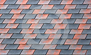 The texture of the shingles is close-up. Roofing material