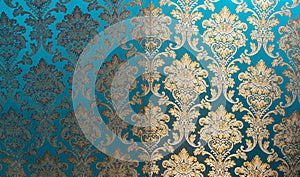 The texture of silk with a floral pattern. Chinese silk brocade, beautiful expensive fabric background. Gold ornament turquoise em