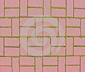 Texture of stone pavement, background of tile with grass between seams