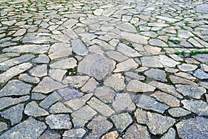 The texture of the stone pavement with grass between the stones close-up.