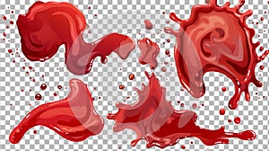 Texture of strawberry jam, syrup, barbecue sauce or catsup drops, smudges and drips isolated on transparent background