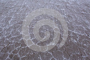 The texture of the surface of the salt-cracked shore with large crystals of salt.