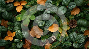 Texture of thick ly pine needles covering the forest floor in varying shades of green and brown