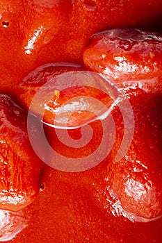 Texture of tomato pulp as a background. Close shot of tomato pulp.