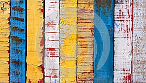 The Texture of vintage wood boards with cracked paint of white, red, yellow and blue color. Hori