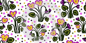 Texture violets. Forest flowers. Cartoon style. Hand drawn elements.