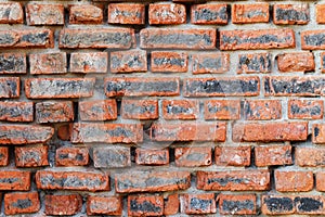 Texture of a wall of burnt red brick close-up