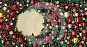 Texture of the wall decorated with toys and green pine fir branches, the background of Christmas decorations