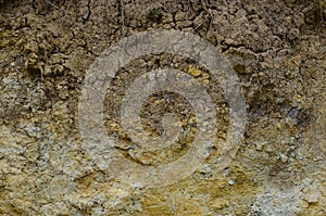 Texture of a wall of solid yellow and brown sand in a sandy quarr