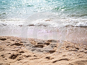 Texture Wave Water Blue Sea at Coast on Sand Beach Background