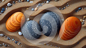 Texture of weathered beach stones smoothed by years of erosion and contrasted against the rough grains of sand photo