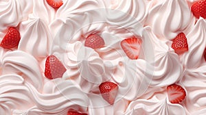 The texture of whipped cream with red strawberry berries is close-up from above. Detailed appetizing background for pastry chef