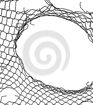 texture of the wire metal mesh. Torn, destroyed, broken metal isolated on white background. Illustration of chain link fence with
