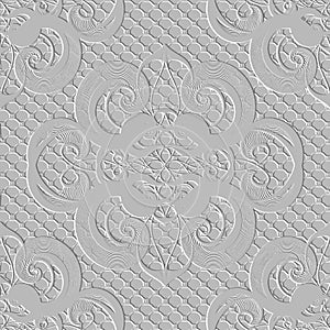 Textured 3d floral lines seamless pattern. Abstract grunge grid background. Modern relief line art spiral flowers, swirls.