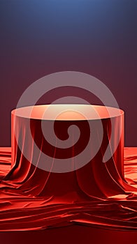 Textured 3D rendering, abstract red podium conceals enigmatic object