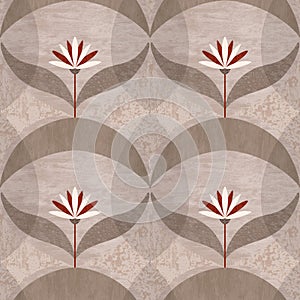 Textured abstract seamless pattern with symmetric minimalistic flower and smooth geometric shapes. Decorative repeat