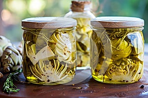 Textured Artichokes pickled olive oil. Generate Ai