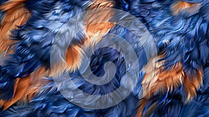 Textured Background of Blue and Orange Feathers in Close up for Fashion and Design Themes