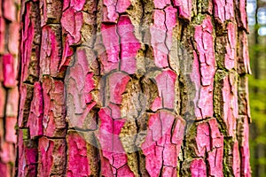 Cracked Pink Tree Bark Textured Background in Forest