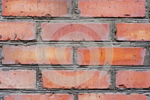 Textured background red brick wall with traces of old age and with different shades of bricks. Brick manual curve