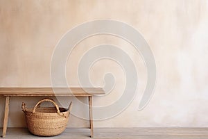 Textured beige wall copy space. Monochrome empty wall with minimalist wooden table and wricked vine basket. Mockup for