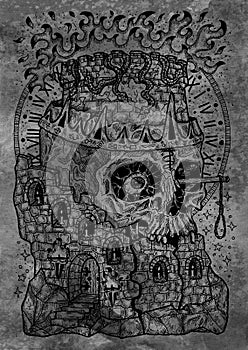 Textured black and white engraved illustration of destroyed tower and scary scull with flame, gallows and crown