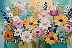 Textured Blooms: Abstract Painting Featuring an Array of Stylized Flowers with a Focus on Texture and Color Interplay
