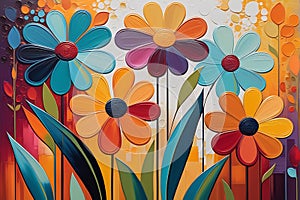 Textured Blooms: Abstract Painting Featuring an Array of Stylized Flowers with a Focus on Texture and Color Interplay