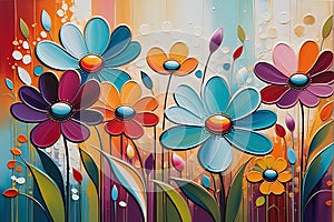 Textured Blooms: Abstract Painting Featuring an Array of Stylized Flowers with a Focus on Texture and Color Interplay