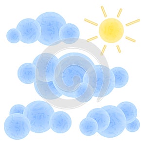 Textured blue clouds and sun on blue background. Sunny sky illustration