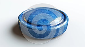 Textured blue round button with wear marks. Blue circular object on white. Concept of interactivity, usability, usage