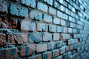 A textured brick wall shows a pattern of fading brickwork, some dark and dirty, some clean and whitewashed, disappea into the